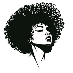 Woman's head silhouette with curly afro puffs, black lines on white background, vector illustration