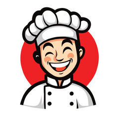 Simple logo design of a chef, smiling and winking, in a vector style, a simple flat icon on a white background, with a black outline and a red circle behind the head