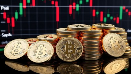 Monety Bitcoin na tle wykresu giełdowego