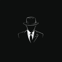 Logo, white on black background, a mafia-style man in a hat and suit with a tie, vector graphic design, simple and minimalistic