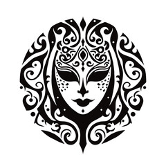 A simple vector logo depicting a face within an ornamental mask, with a masquerade theme, dark and mysterious in appearance, rendered in black on a white background