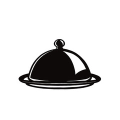 Simple vector logo design of a cloche food tray, in a simple, minimalist style, in black and white