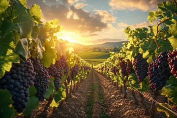 Vineyard with ripe grapes, sunlit, and picturesque view.