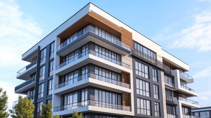 Obraz premium Detail of Modern residential apartment flat building exterior. Fragment of New luxury house and home complex. Part of City Real estate property and condo architecture. Copy space. Blue sky.