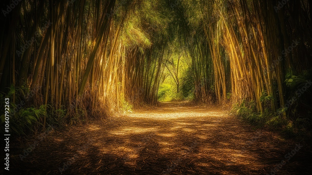 Poster a path through a dense bamboo forest with sunlight filtering through the leaves.