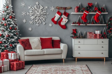Chic Christmas-themed living room featuring a grey wall, white sofa, and vibrant red decorations, including a Christmas tree, stockings, and snowflakes, complemented by stylish storage solutions.