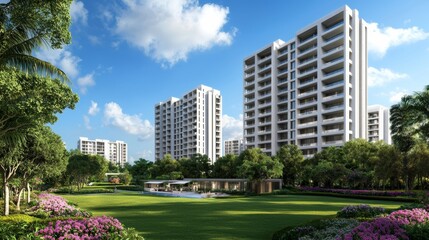 Obraz premium Modern residential buildings surrounded by lush greenery under a clear blue sky, offering a serene and luxurious lifestyle.