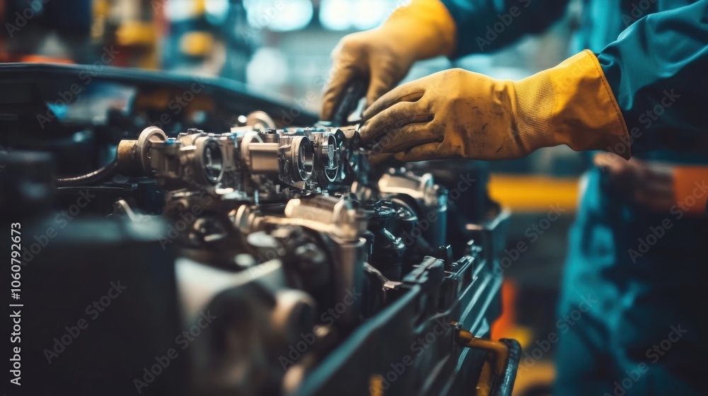 Poster worker assembling components of a car engine
