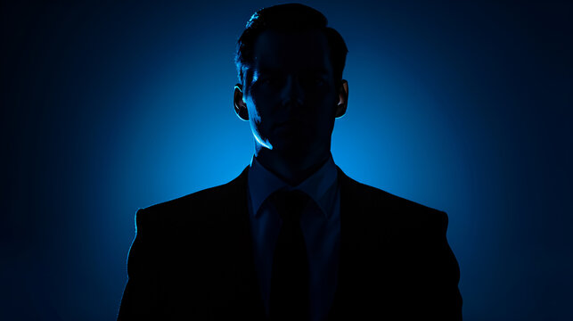 A silhouette portrait of a businessman with a mysterious expression, focusing on intrigue and professionalism.