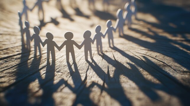 Cut-out paper people grasping hands on wood, representing social inclusion and collective unity for a shared purpose. - Powered by Adobe
