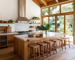 Bamboo kitchen with island seating, natural finishes, ecofriendly decor, open concept for small spaces