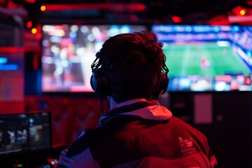 Obraz premium Focused gamer enjoying an eSports event. Bright screens illuminate the room. Excitement fills the air. A perfect atmosphere for gaming and competition. Generative AI