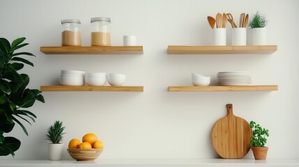 Bamboo kitchen with floating shelves, neutral tones, modern lighting, and natural aesthetic