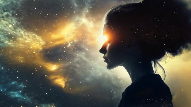 Silhouette of a woman in profile with glowing light in her eyes, surrounded by stars, symbolizing cosmic awareness and imagination.