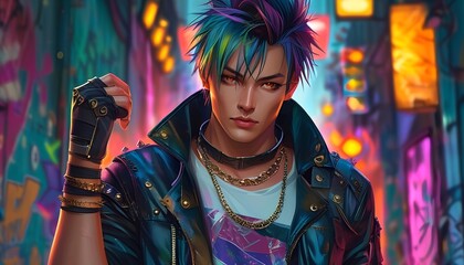 Obraz premium An ultra-high-definition, 2D anime-style illustration of a unique male character with spiky, multicolored hair and fierce amber eyes. 