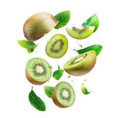 Fototapeta premium Kiwi with half slices falling or floating in the air with green leaves isolated on a white background