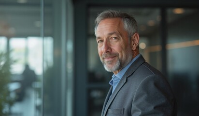 Confident mature businessman smiling in modern office environment