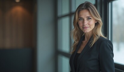 Confident businesswoman smiling warmly in office setting against window background