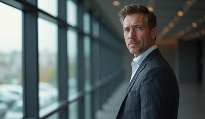 Fototapeta premium Businessman with serious expression looking out office window against urban backdrop