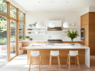 Fototapeta premium Bamboo kitchen with white accents, soft lighting, modern layout, and clean lines for a sustainable style