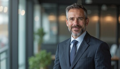 Fototapeta premium Confident businessman with friendly smile posing in modern office environment