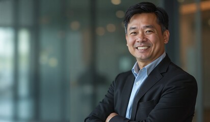 Asian businessman with confident smile posing in modern office environment