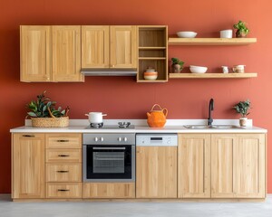 Compact bamboo kitchen, modern design, earthy tones, ecofriendly decor, and functional layout