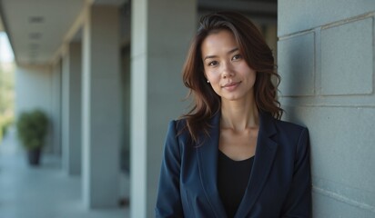 Fototapeta premium Confident Asian Woman in Business Attire Smiling Against Modern Office Building