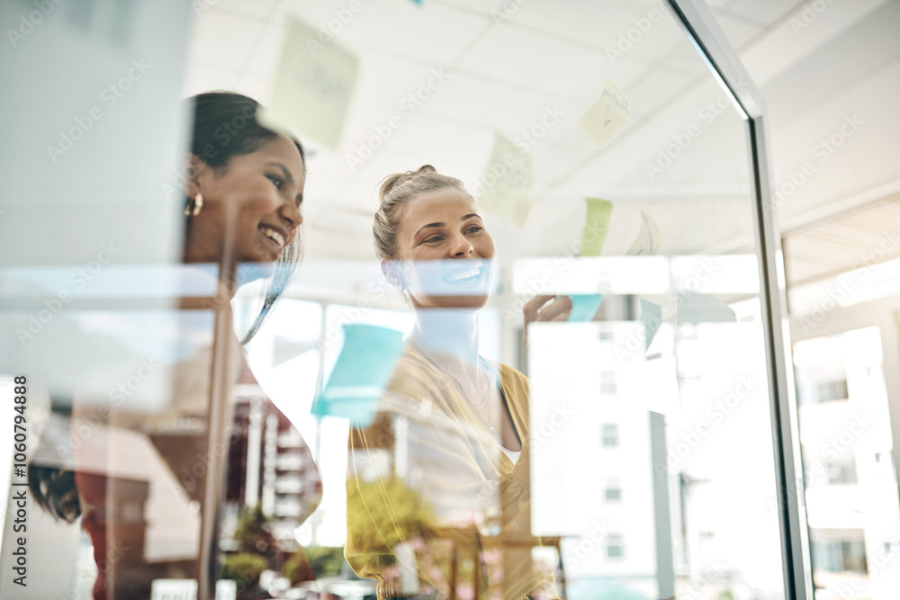 Aufkleber women, glass wall and teamwork in office with sticky note for idea, talking or smile for synergy at 