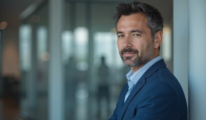 Fototapeta premium Confident businessman with friendly smile standing in modern office