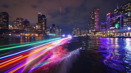 Fototapeta premium The colorful glow of car light trails illuminates the waterfront giving a sense of vibrancy and life to the otherwise still waters.