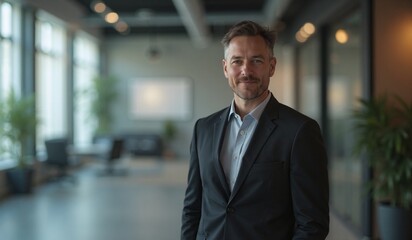 Fototapeta premium Confident businessman with friendly smile standing in modern office hallway