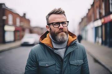 Portrait of a bearded hipster man wearing glasses and a warm jacket