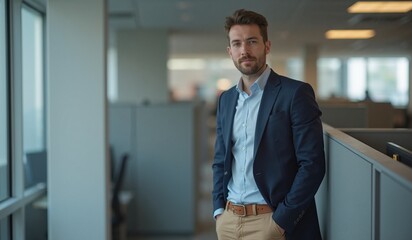 Obraz premium Confident businessman with determined expression standing in modern office