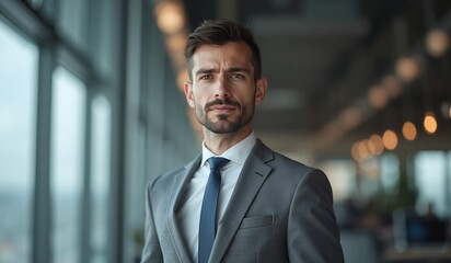 Fototapeta premium Confident businessman with determined expression standing in modern office hallway