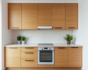 Compact bamboo kitchen, modern design, earthy tones, ecofriendly decor, and functional layout