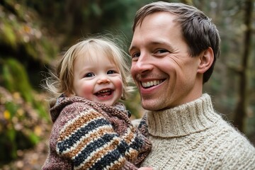 A happy father carries his young daughter, both laughing in the forest. A close-up shot of a happy family enjoying nature together on a beautiful day, Generative Ai 