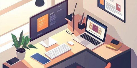 Fototapeta premium A website design company shows how they work. The picture shows a designer's desk with a computer, laptop, tablet, and phone.
