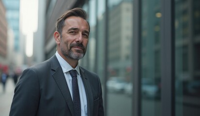 Fototapeta premium Confident businessman with determined expression standing against urban cityscape