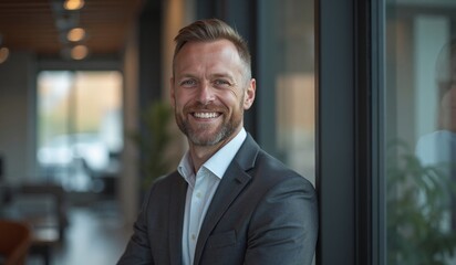 Confident businessman smiling warmly in modern office setting