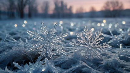 In the photo, bright snowflakes elegantly cover the snowy ground. They sparkle in the sunlight, creating a magical pattern on the white surface. Each snowflake is unique, like a tiny work of art.