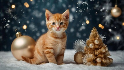 A kitten in a New Year&rsquo;s costume is sitting against a cozy winter backdrop. It wears a bright red and white Santa Claus outfit adorned with shiny silver bells.