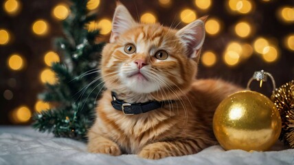 A kitten in a New Year’s costume is sitting against a cozy winter backdrop. It wears a bright red and white Santa Claus outfit adorned with shiny silver bells.