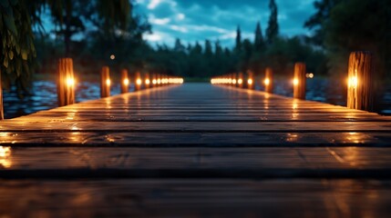 Serene wooden dock illuminated by warm lights at twilight, surrounded by tranquil water and lush...