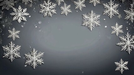 The photo shows a minimalist winter background: snowflakes along the edges form a frame on a light gray background. Small snow dots are scattered across the surface, creating a calm and chilly winter 