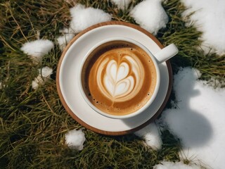 In the photo, there is a green coffee cup with a beautiful pattern made from milk froth on the surface. The cup sits on grass partially covered with fresh snow, creating a contrast between the greener