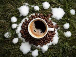 In the photo, there is a green coffee cup with a beautiful pattern made from milk froth on the surface. The cup sits on grass partially covered with fresh snow, creating a contrast between the greener