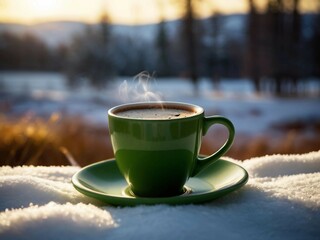 In the photo, there is a green coffee cup with a beautiful pattern made from milk froth on the surface. The cup sits on grass partially covered with fresh snow, creating a contrast between the greener