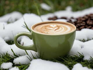 In the photo, there is a green coffee cup with a beautiful pattern made from milk froth on the surface. The cup sits on grass partially covered with fresh snow, creating a contrast between the greener