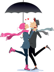 Love couple rendezvous under the rain. 
Hearts symbol. Young man and woman kissing one another under umbrella. Isolated on white background
